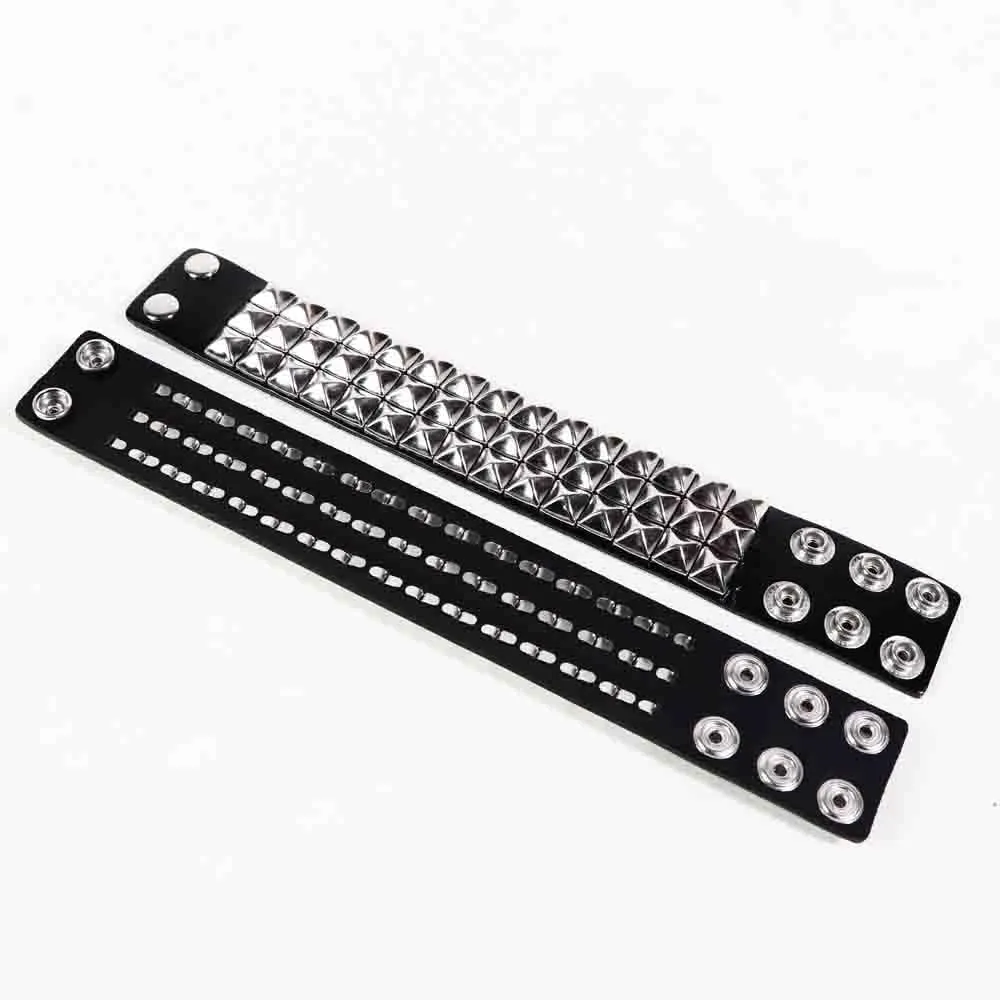 Genuine Leather Bracelet Cuff with Spikes studded Rivets - Adjustable Metal Wristband for Men Women, 80s Goth Rock Accessories