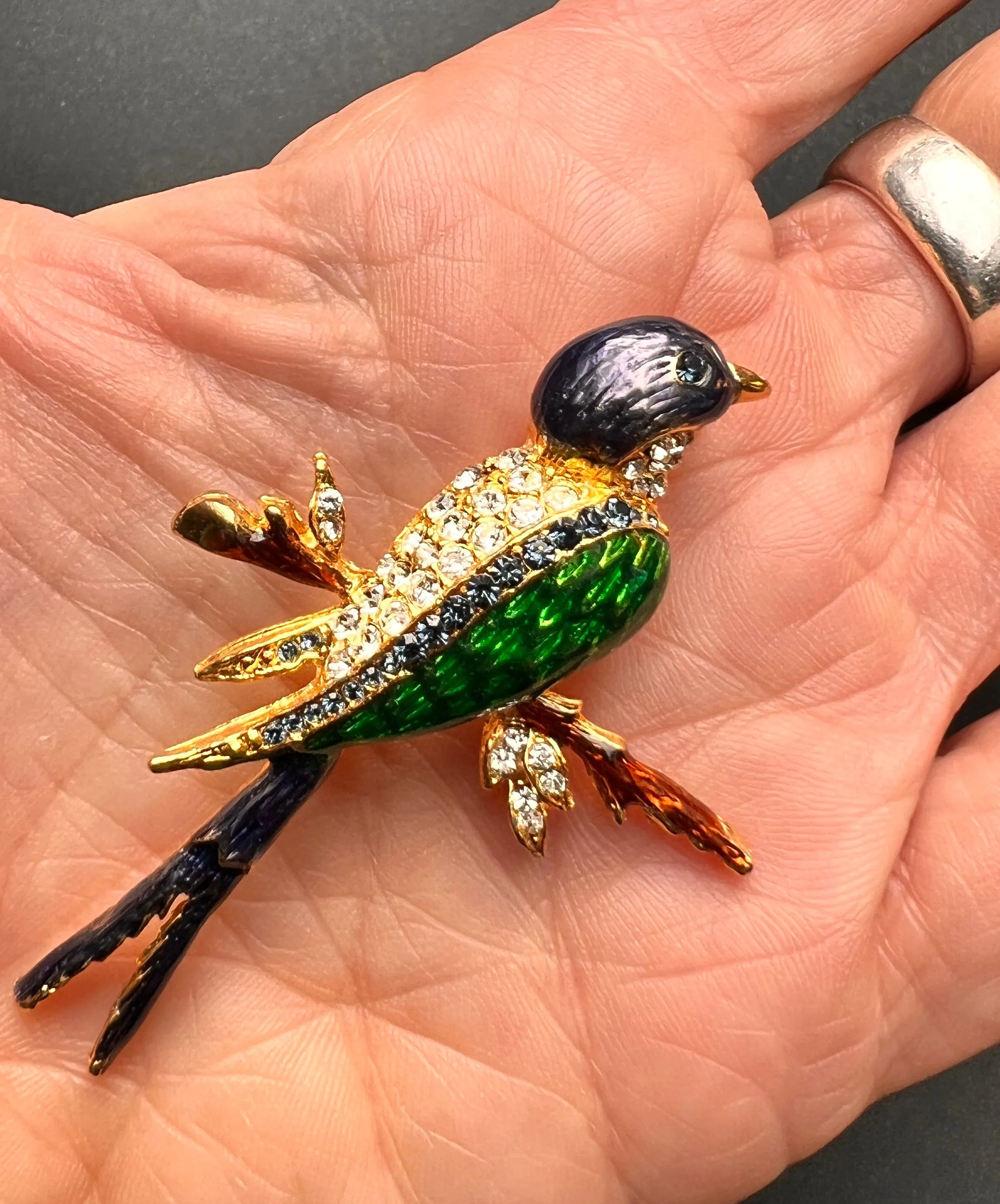 Gloriously Sparkly Vintage Enamel and Swarovski Crystal Bird  Brooch