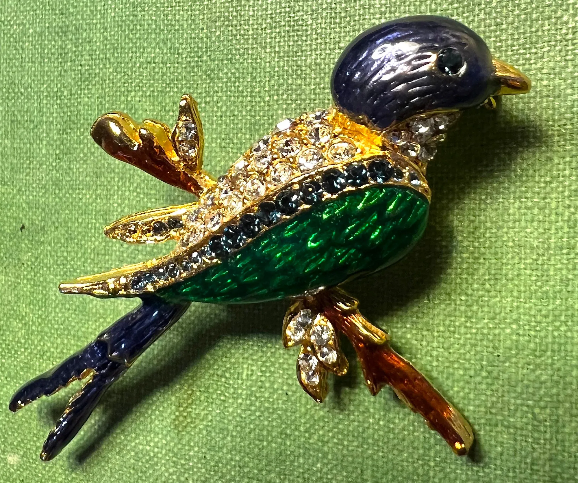 Gloriously Sparkly Vintage Enamel and Swarovski Crystal Bird  Brooch