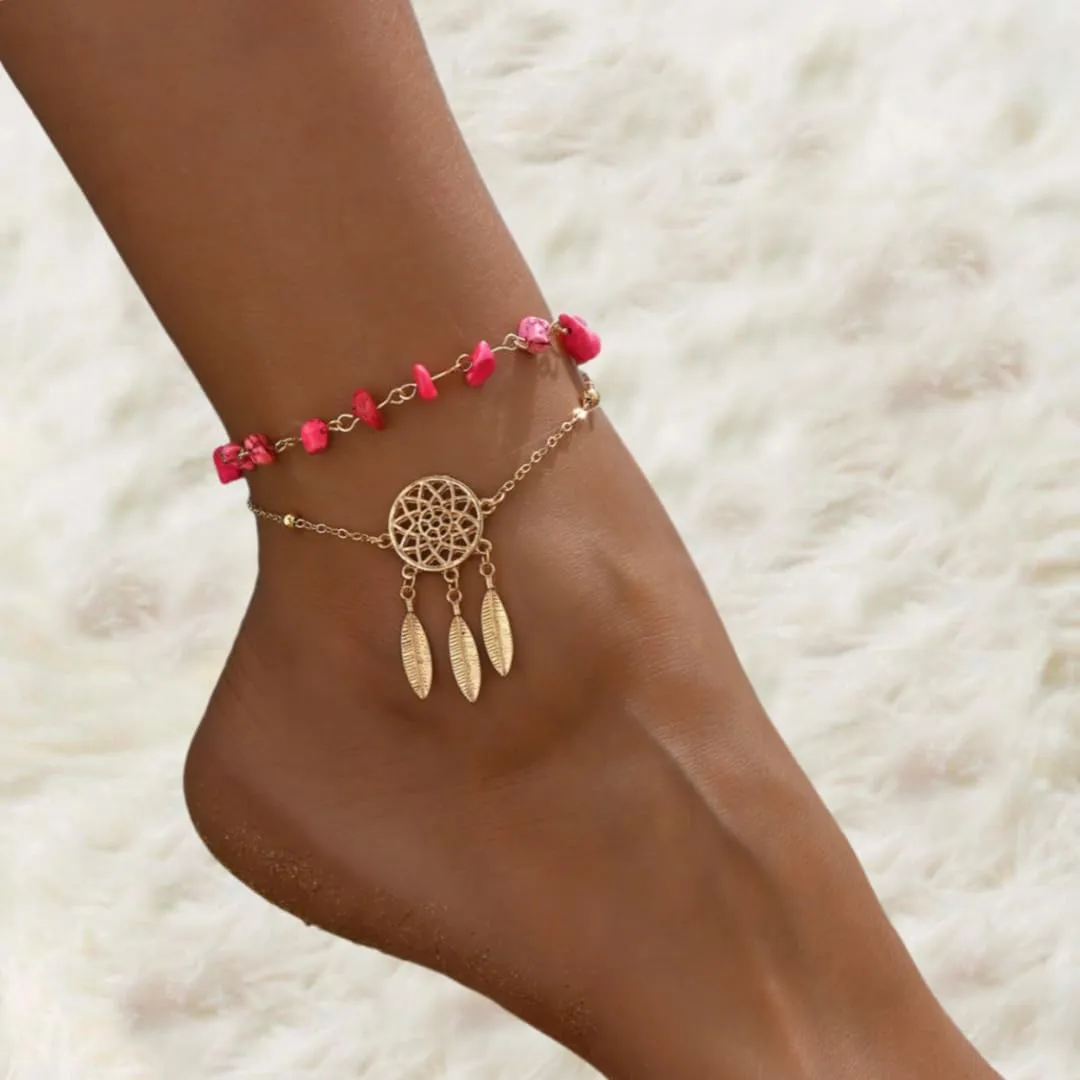 Gold Boho Beach Anklet for Women Natural Stone Dreamcatcher Feather Ankle Bracelet Layered Leaf Tassel Pendant Anklet Summer Vintage Western Shell Bracelet Hawaiian Beach Foot Jewelry