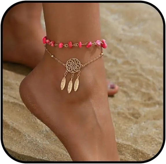 Gold Boho Beach Anklet for Women Natural Stone Dreamcatcher Feather Ankle Bracelet Layered Leaf Tassel Pendant Anklet Summer Vintage Western Shell Bracelet Hawaiian Beach Foot Jewelry
