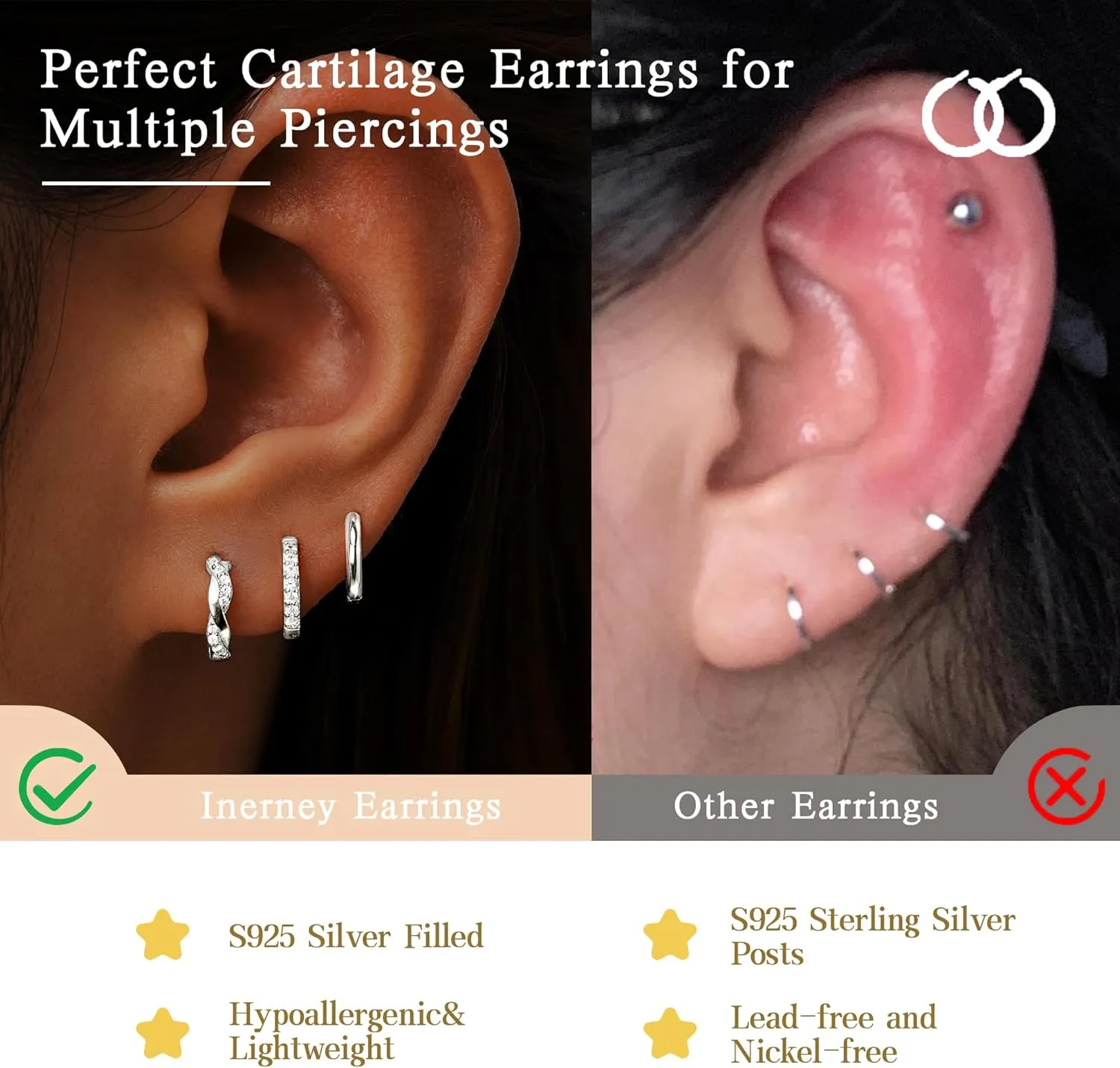 Gold Huggie Hoop Earrings Set for Women, Dainty Small Sterling Silver Earring for Multiple Piercing Hypoallergenic Jewelry, Trendy Twisted CZ Cartilage Earings for Women's Mother Gifts 3Pairs