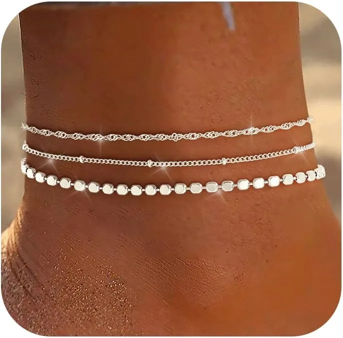 Gold Silver Ankle Bracelets for Women 14K Gold Plated Anklets for Women Waterproof Cuban Link Chain Anklets Set Non Tarnish Dainty Layered Anklet Bracelets for Women Summer Beach Jewelry Gifts