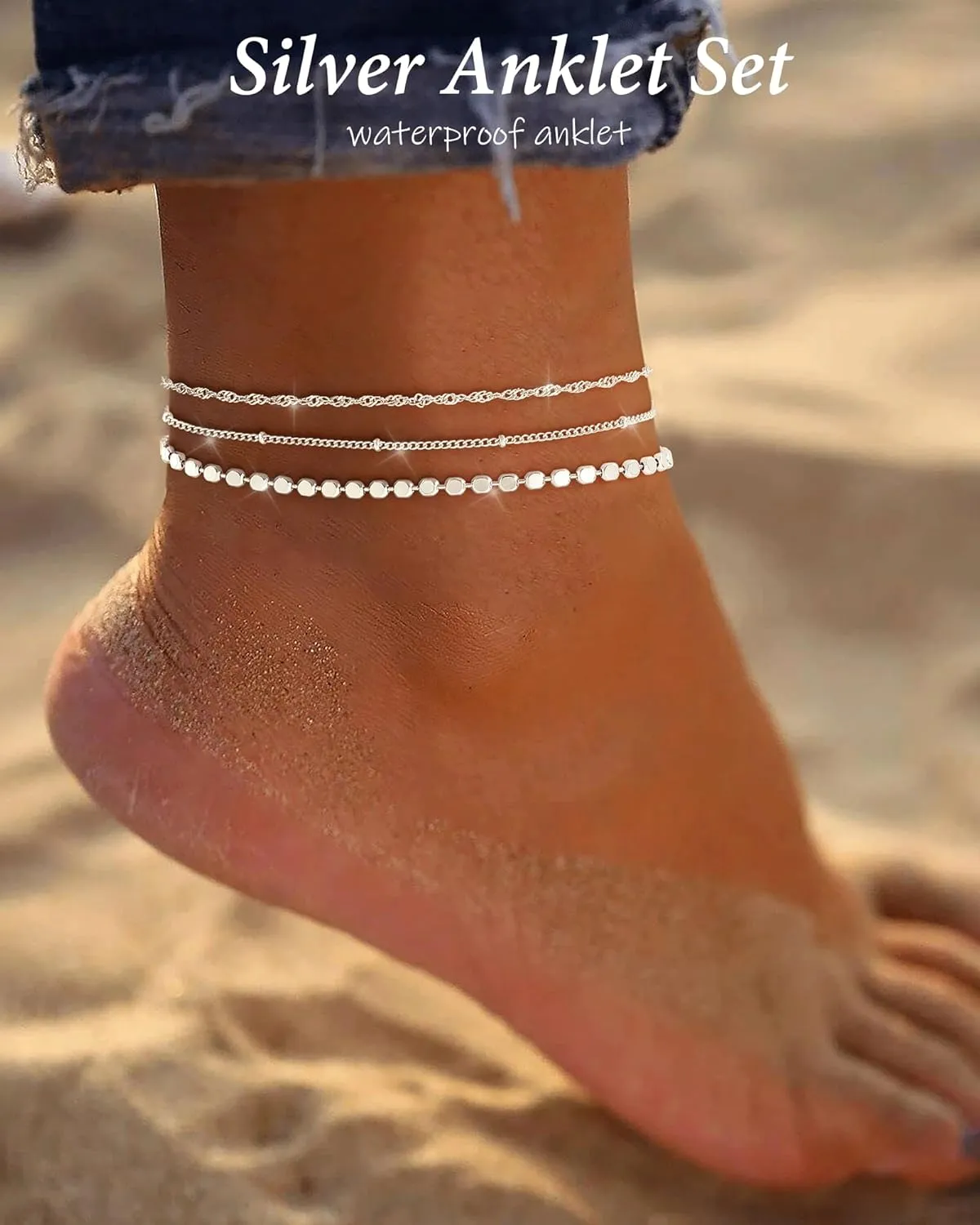 Gold Silver Ankle Bracelets for Women 14K Gold Plated Anklets for Women Waterproof Cuban Link Chain Anklets Set Non Tarnish Dainty Layered Anklet Bracelets for Women Summer Beach Jewelry Gifts