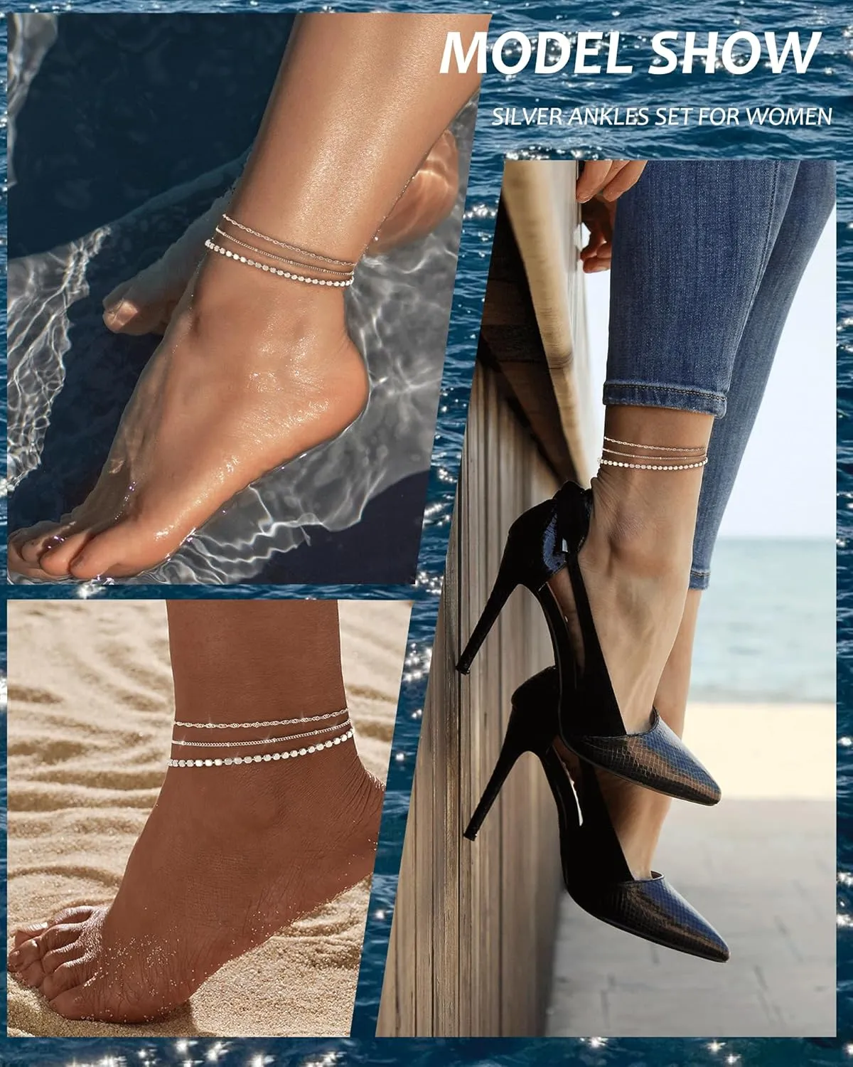 Gold Silver Ankle Bracelets for Women 14K Gold Plated Anklets for Women Waterproof Cuban Link Chain Anklets Set Non Tarnish Dainty Layered Anklet Bracelets for Women Summer Beach Jewelry Gifts