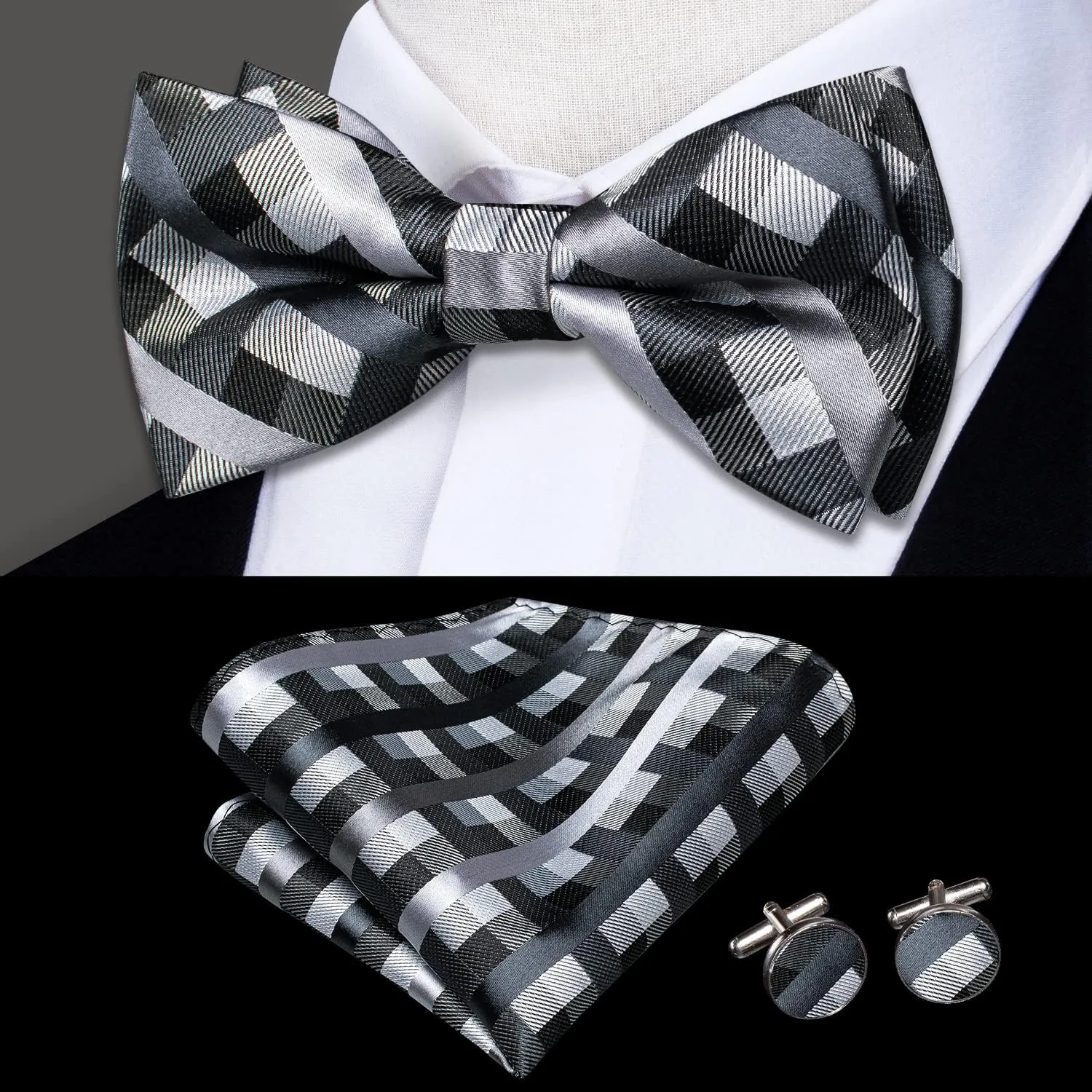 Hi-Tie Bow Ties for Men Pre-Tied Pocket Square with Cufflinks Mens Bowtie Sets for Wedding Formal Party