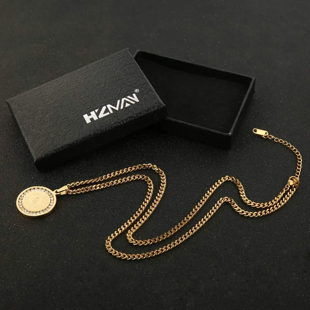HZMAN Bible Verse Prayer Necklace Christian Jewelry Gold Stainless Steel Praying Hands Coin Medal Pendant