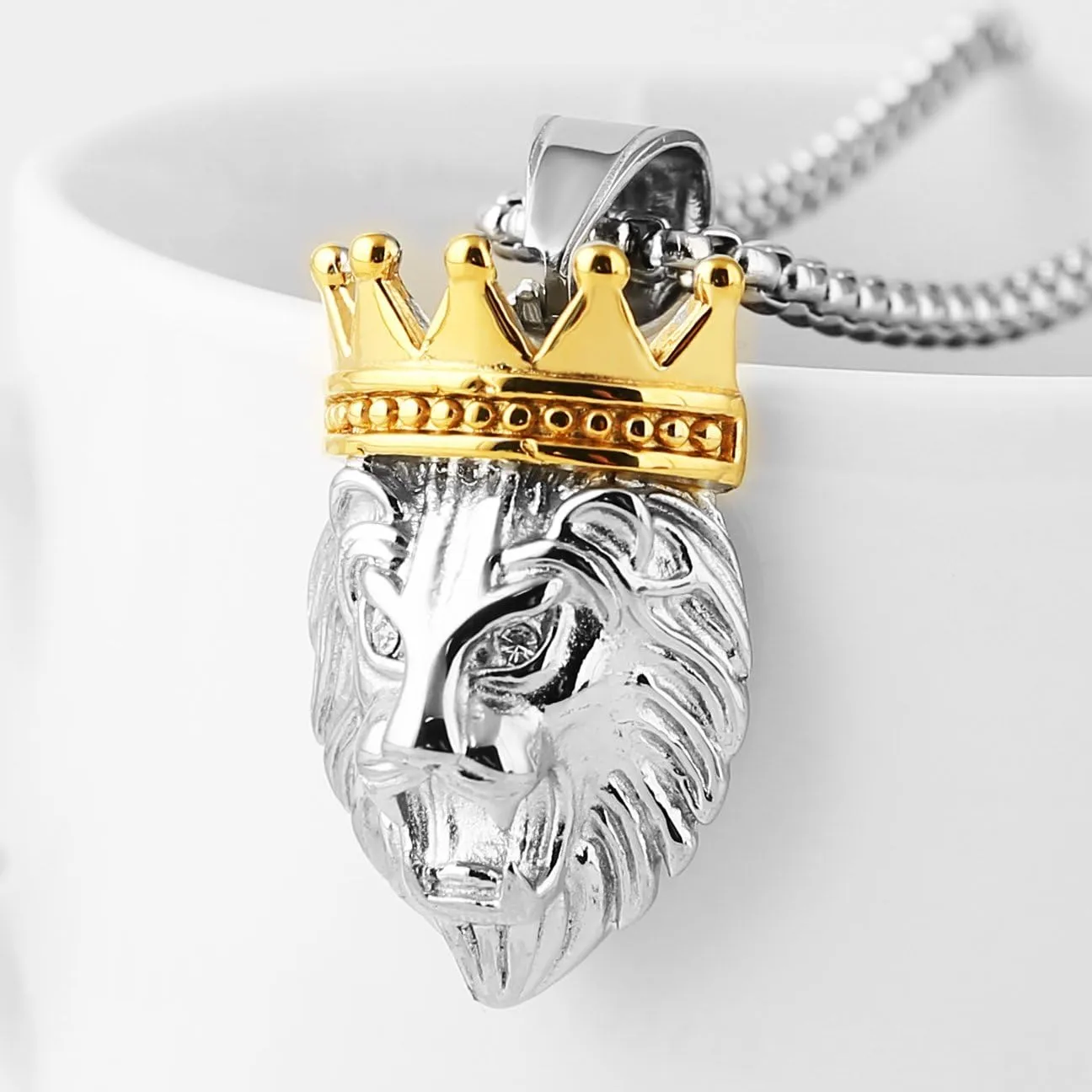 HZMAN Men's Silver Gold Tone Stainless Steel Lion King Pendant Necklace Cable Wheat 22 2" Chain