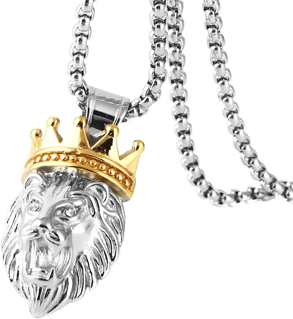 HZMAN Men's Silver Gold Tone Stainless Steel Lion King Pendant Necklace Cable Wheat 22 2" Chain