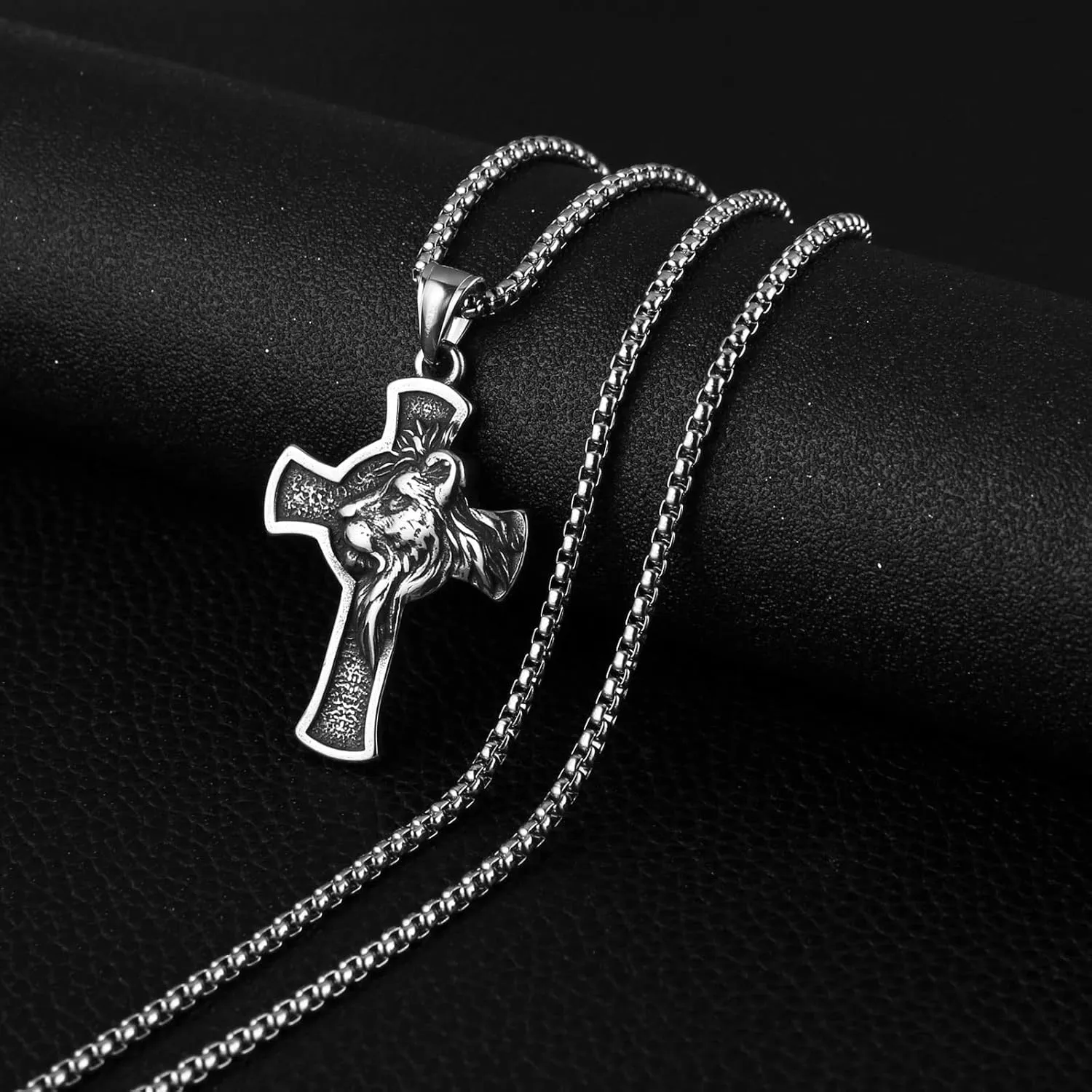 HZMAN Stainless Steel Lion Head Cross Necklace for Men Gothic Pendant with 22 2in Chain