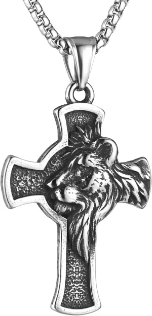 HZMAN Stainless Steel Lion Head Cross Necklace for Men Gothic Pendant with 22 2in Chain