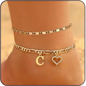 Initial Ankle Bracelets for Women Waterproof 14K Gold Plated Dainty Layered Figaro Chain Letter Initial CZ Heart Ankle Bracelets Set Summer Beach Jewelry for Women
