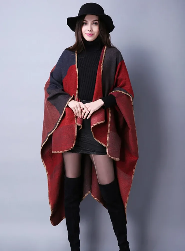 JOKER PLAID SHAWL CASHMERE SPLIT THICK CLOAK
