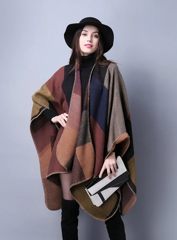 JOKER PLAID SHAWL CASHMERE SPLIT THICK CLOAK