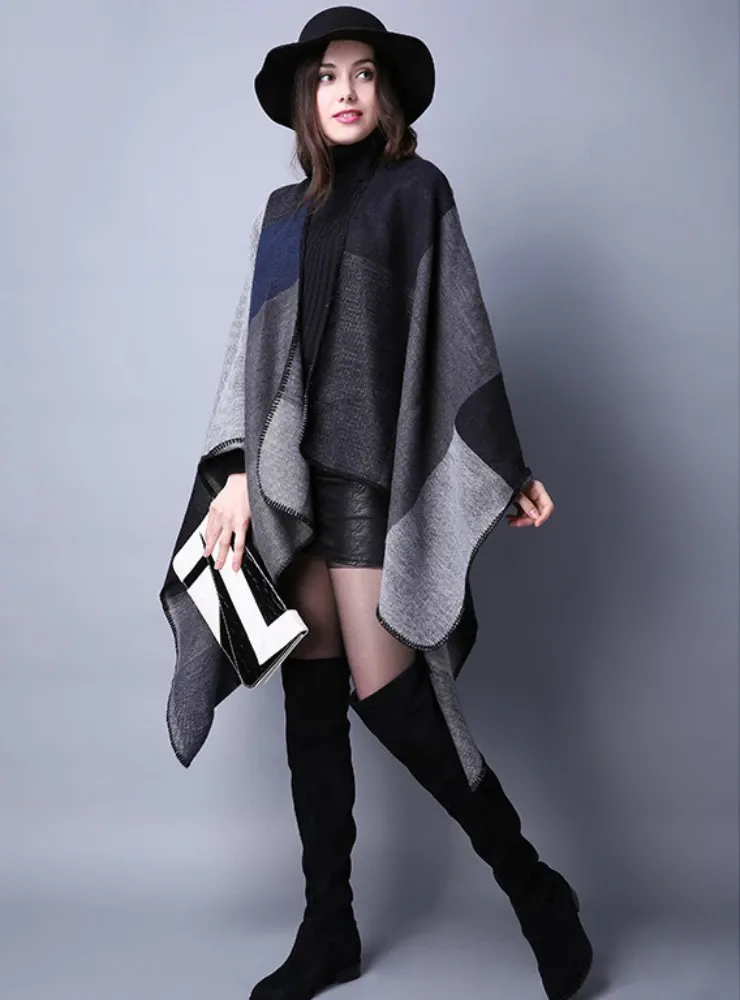 JOKER PLAID SHAWL CASHMERE SPLIT THICK CLOAK