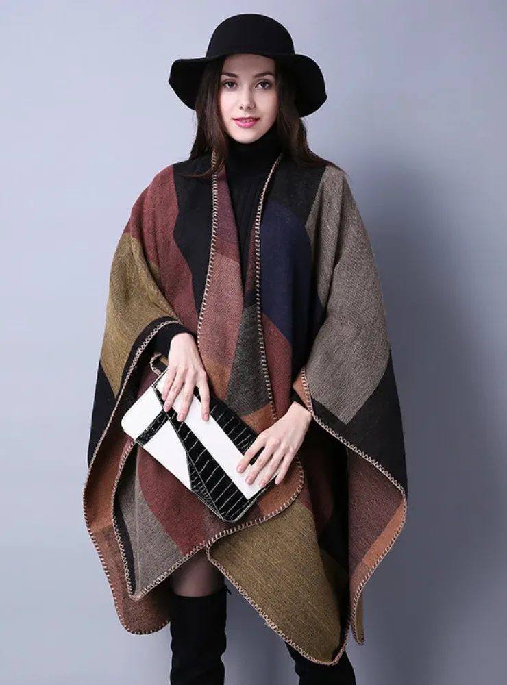 JOKER PLAID SHAWL CASHMERE SPLIT THICK CLOAK