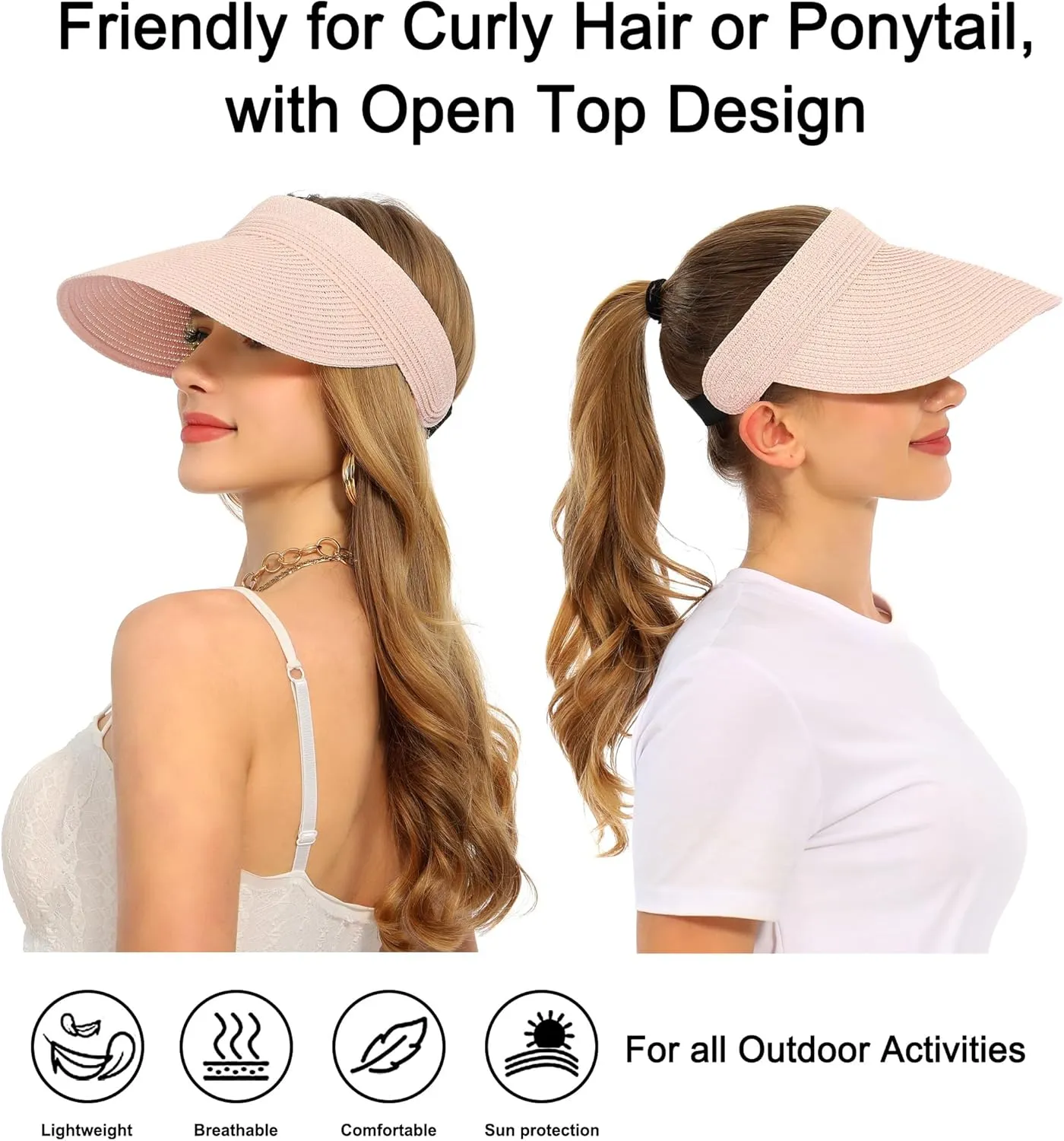 LA CARRIE Wide Brim Straw Visor for Women Sun Hat UV Protection Packable Beach Cap for Summer UPF 50 