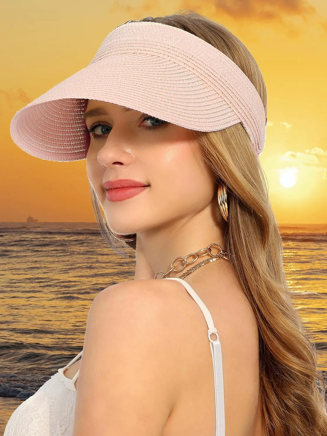 LA CARRIE Wide Brim Straw Visor for Women Sun Hat UV Protection Packable Beach Cap for Summer UPF 50 