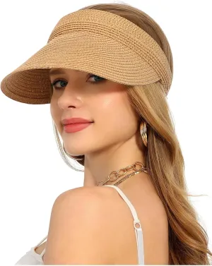 LA CARRIE Wide Brim Straw Visor for Women Sun Hat UV Protection Packable Beach Cap for Summer UPF 50 