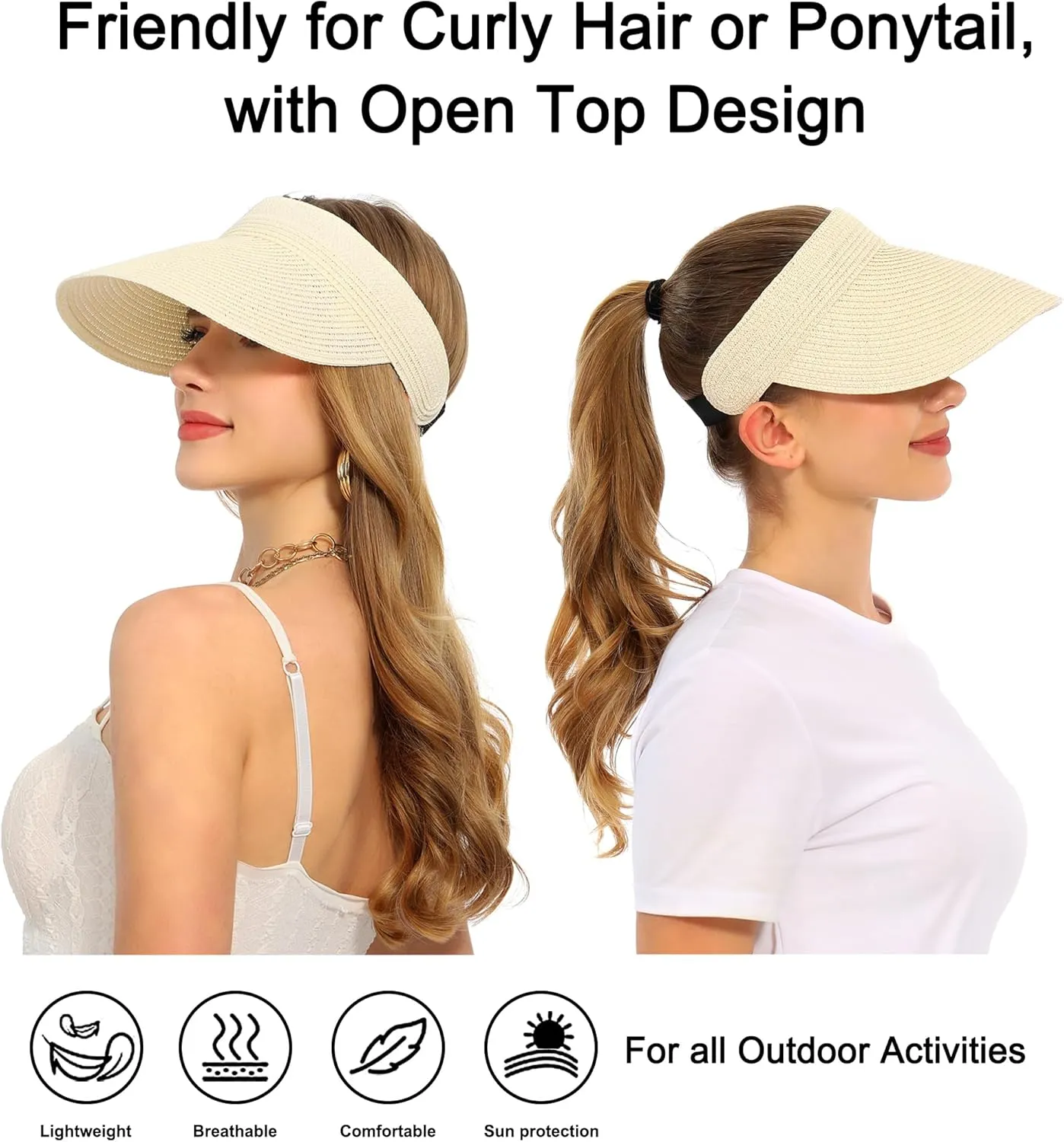 LA CARRIE Wide Brim Straw Visor for Women Sun Hat UV Protection Packable Beach Cap for Summer UPF 50 