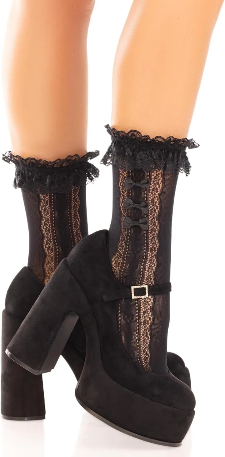 Leg Avenue Womens Lace Ruffle Nylon Anklet With Mini Bow and Heart Accents