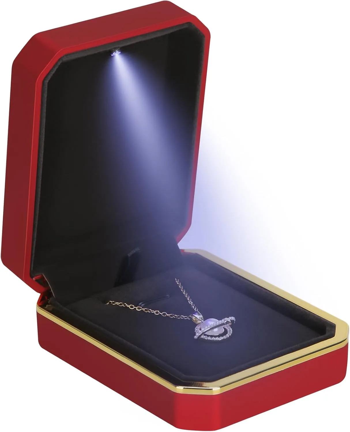 Luxury LED Pendant Necklace Gift Box with LED Light, Velvet Jewelry Storage Display Case for Proposal Engagement Wedding Anniversary Birthday Valentine's Day (Red)
