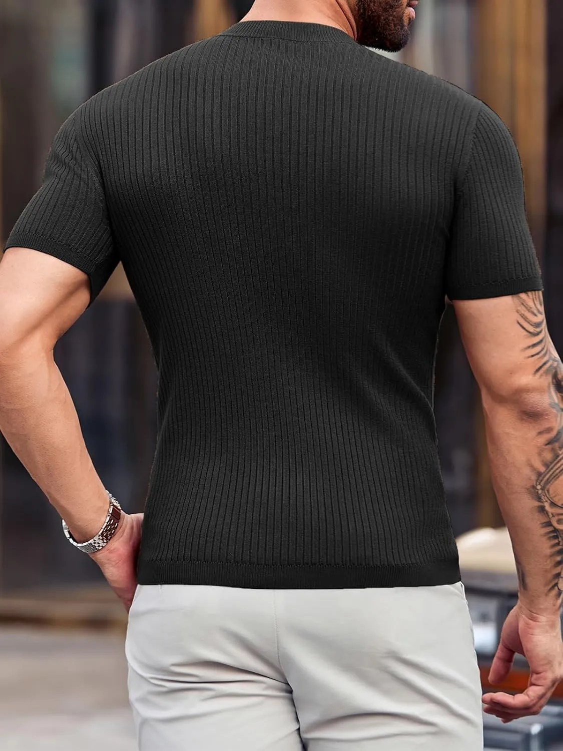 Mens Casual Slim Fit Basic Tops Short Sleeve Shirt Turtleneck T Shirts Rib Knitted Stretch Pullover Sweater