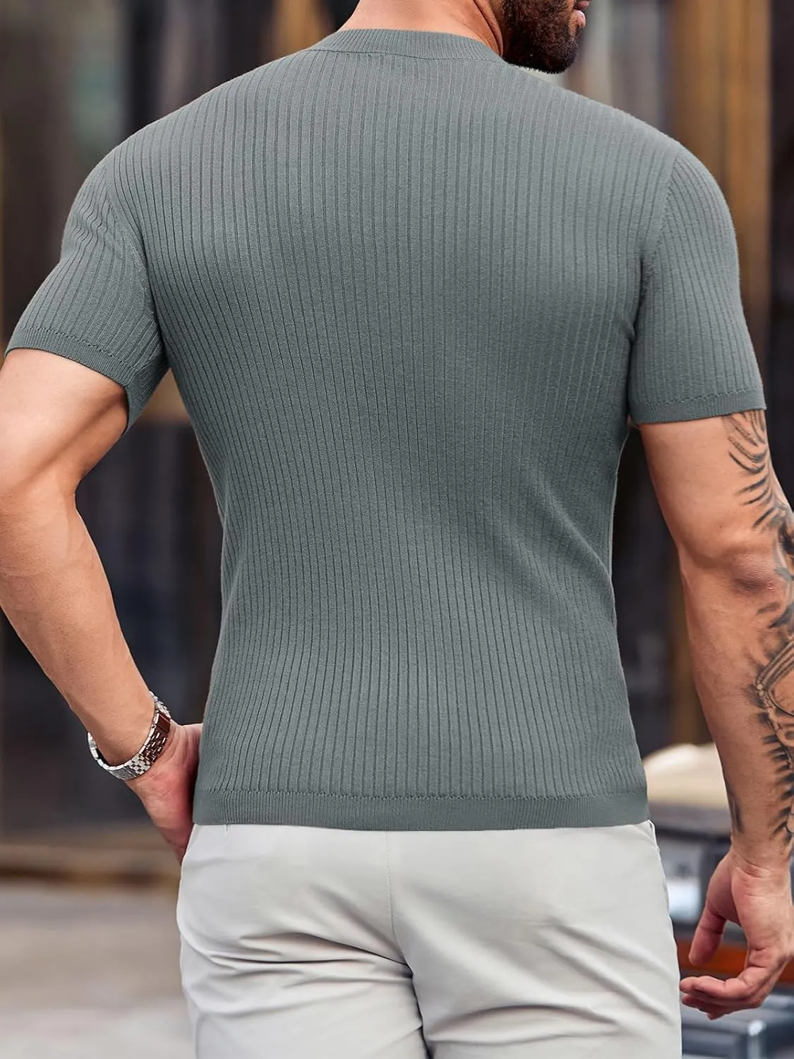 Mens Casual Slim Fit Basic Tops Short Sleeve Shirt Turtleneck T Shirts Rib Knitted Stretch Pullover Sweater