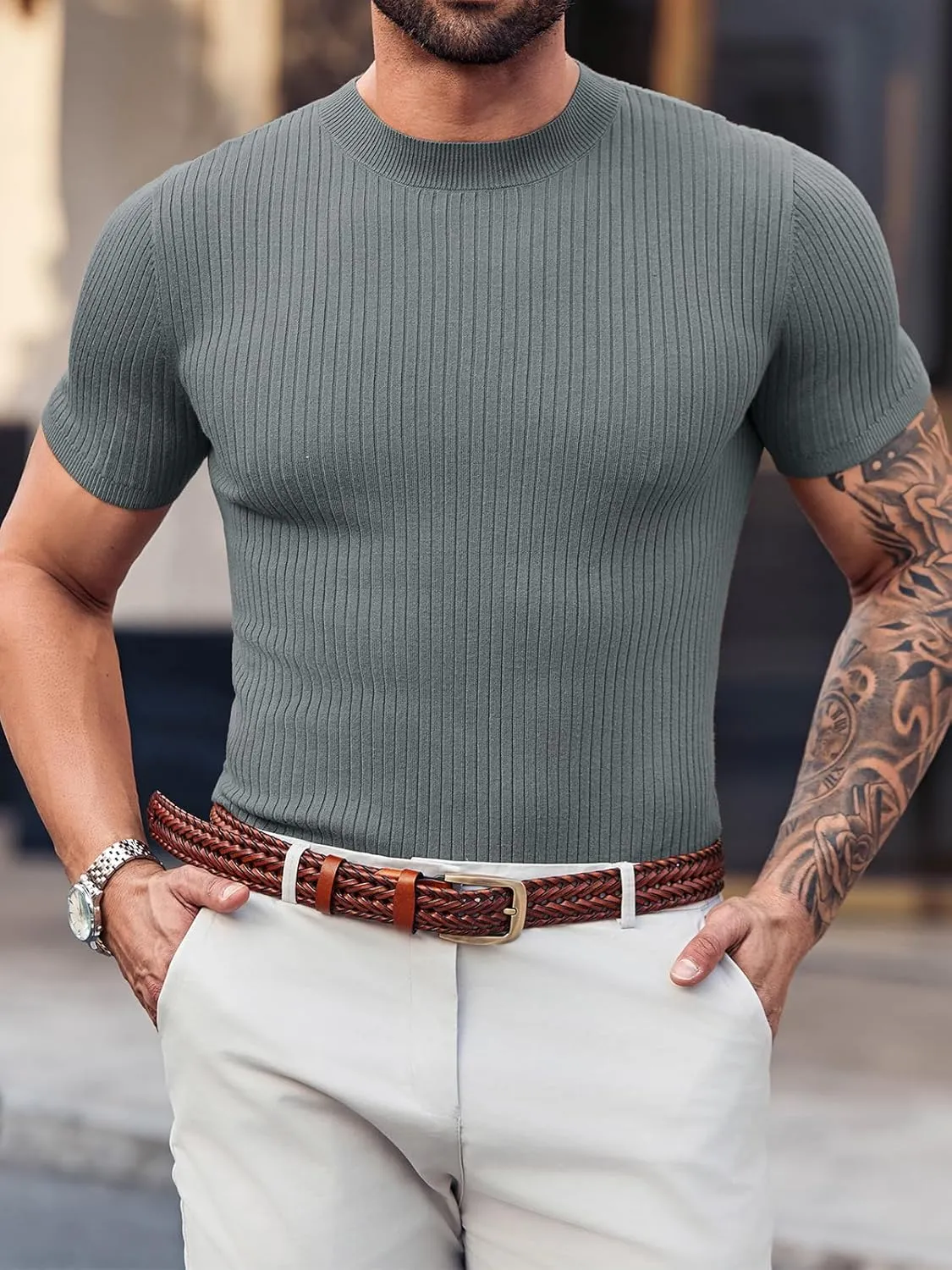 Mens Casual Slim Fit Basic Tops Short Sleeve Shirt Turtleneck T Shirts Rib Knitted Stretch Pullover Sweater