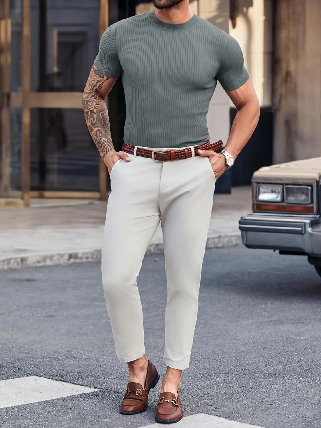 Mens Casual Slim Fit Basic Tops Short Sleeve Shirt Turtleneck T Shirts Rib Knitted Stretch Pullover Sweater
