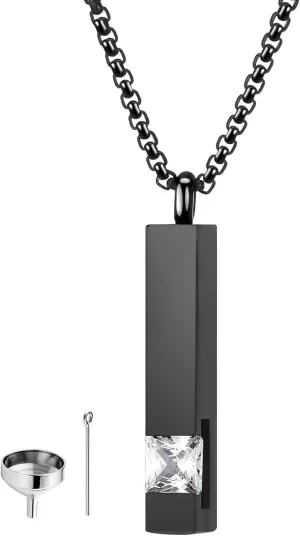 MOROTOLE 2 Pcs Urn Necklaces for Ashes Memorial Cremation Urn Necklace Stainless Steel Black Silver Tone Bar Pendant Necklace Ashes Keepsake Jewelry with Cubic Zirconia