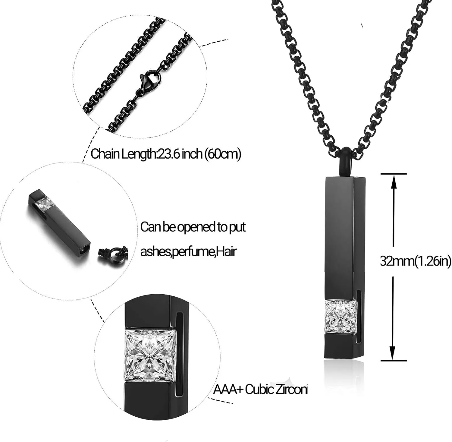 MOROTOLE 2 Pcs Urn Necklaces for Ashes Memorial Cremation Urn Necklace Stainless Steel Black Silver Tone Bar Pendant Necklace Ashes Keepsake Jewelry with Cubic Zirconia