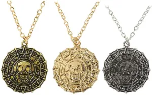 Mystart Pack of 3 Pirates of The Caribbean Necklace Aztec Skull Coin Medallion Necklace