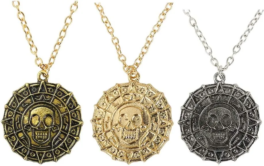 Mystart Pack of 3 Pirates of The Caribbean Necklace Aztec Skull Coin Medallion Necklace