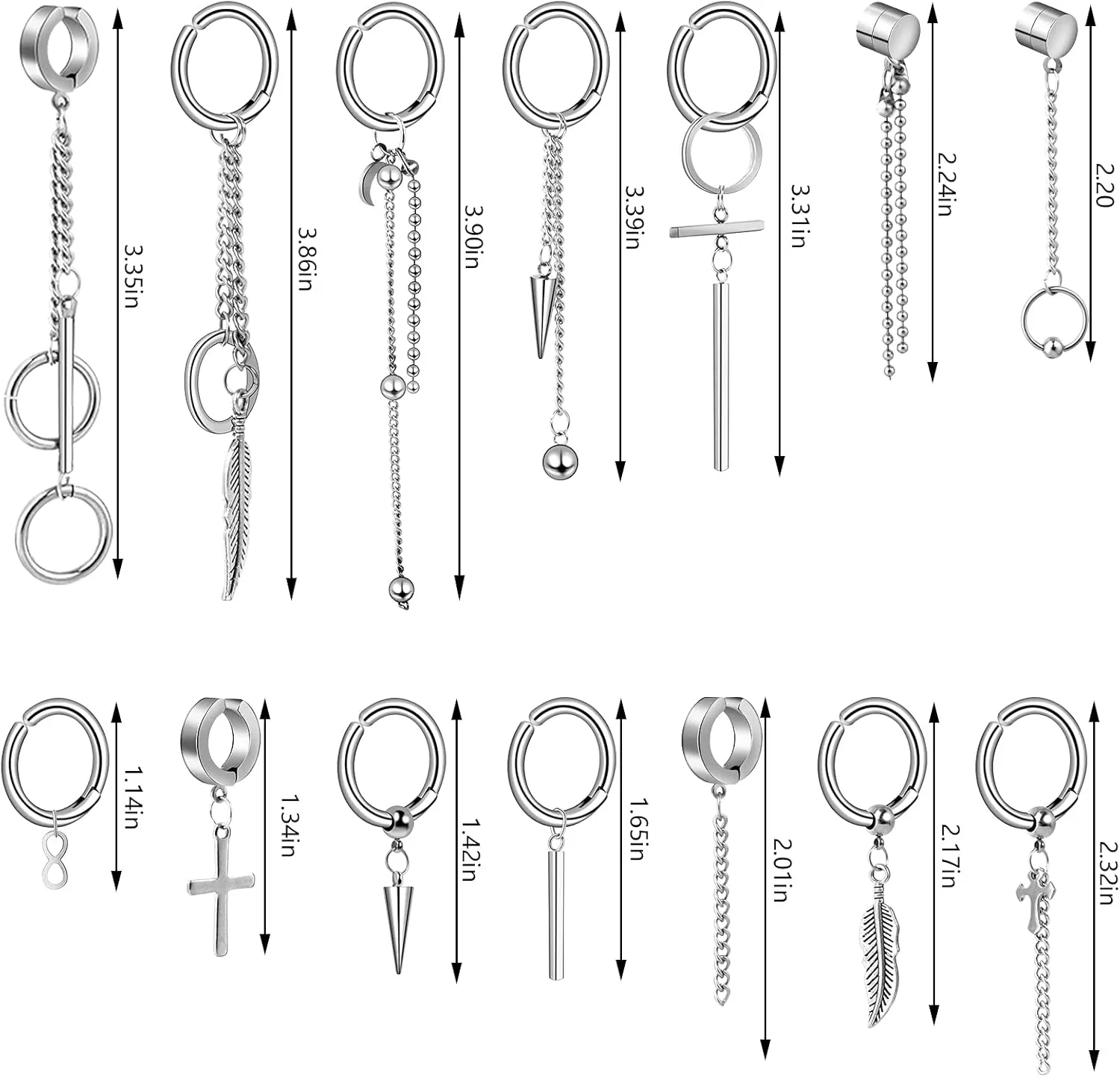 ONESING 20 Pcs Clip On Magnetic Earrings for Men - Dangle Hoop Sterling Non Pierced Fake Piercings - Stainless Steel Silver