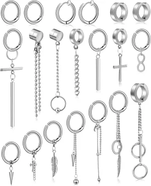 ONESING 20 Pcs Clip On Magnetic Earrings for Men - Dangle Hoop Sterling Non Pierced Fake Piercings - Stainless Steel Silver