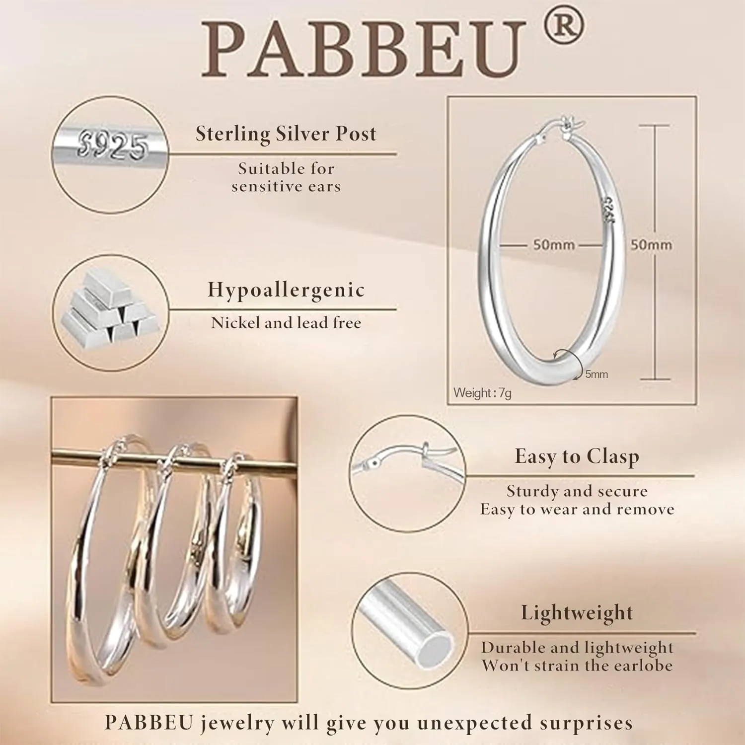 PABBEU S925 Sterling Silver Hoop Earrings Large Silver Hoop Earrings for Women Hypoallergenic Lightweight Big Thick Silver Hoop Earrings for Women Girls 35/40/50/60/70mm