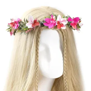 Pink Floral Crown Headband - Tropical Floral Headband Adjustable Flower Headpiece Fairy Hawaiian Crown Wedding Bridal Flower Girl Halo Maternity Halloween Carnival Photo Props