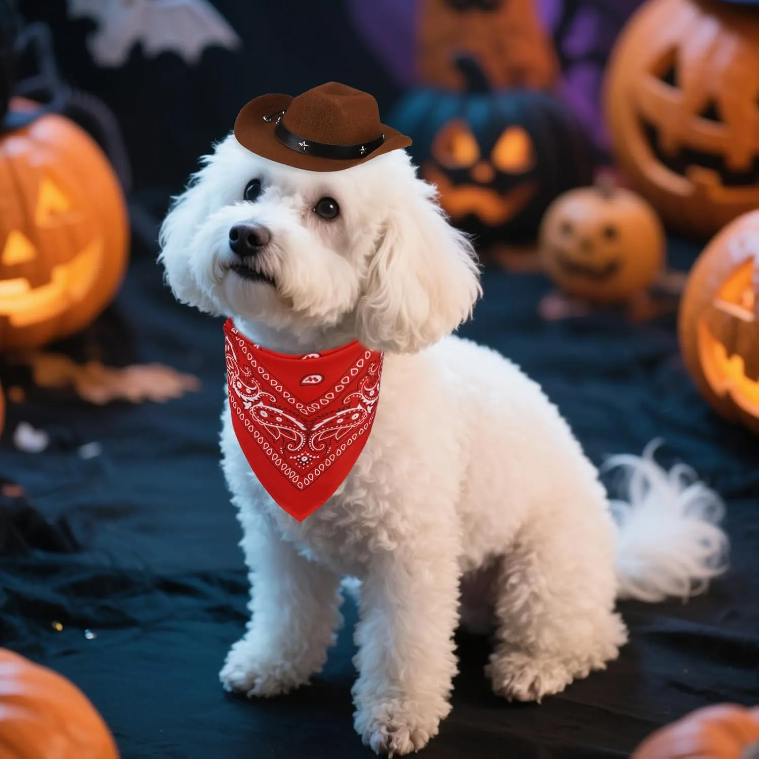 PUPTECK Paisley Dog Bandana Outfit Scarf with Cute Doggy Cowboy Hat, Halloween Costume Decorations Supplies for Small Medium Large Dogs Boy Girl Gifts, Brown & Red
