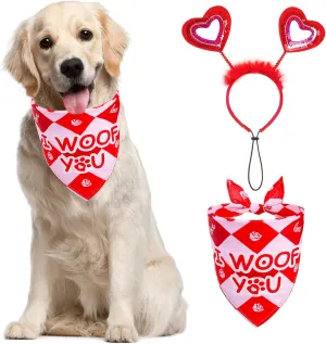 PUPTECK Valentine Dog Bandana Scarf with Cute Doggy Love Hat, Wedding Photo Prop Costume Decorations Supplies for Small Medium Large Dogs Boy Girl Outfit Engagement Gifts, Red