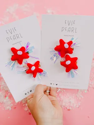 Red Star Sequin Tinsel Pigtail Clip Set