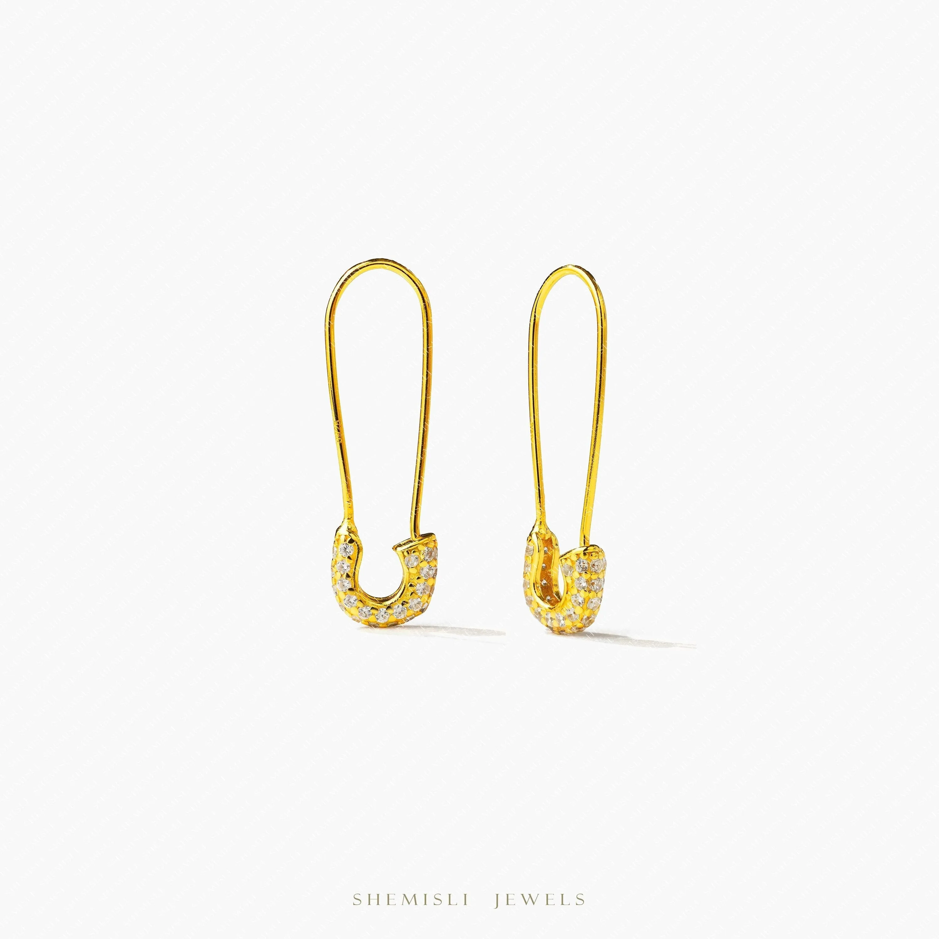 Safety Pin CZ Hoop Earrings, Unisex, Gold, Silver SHEMISLI SH019
