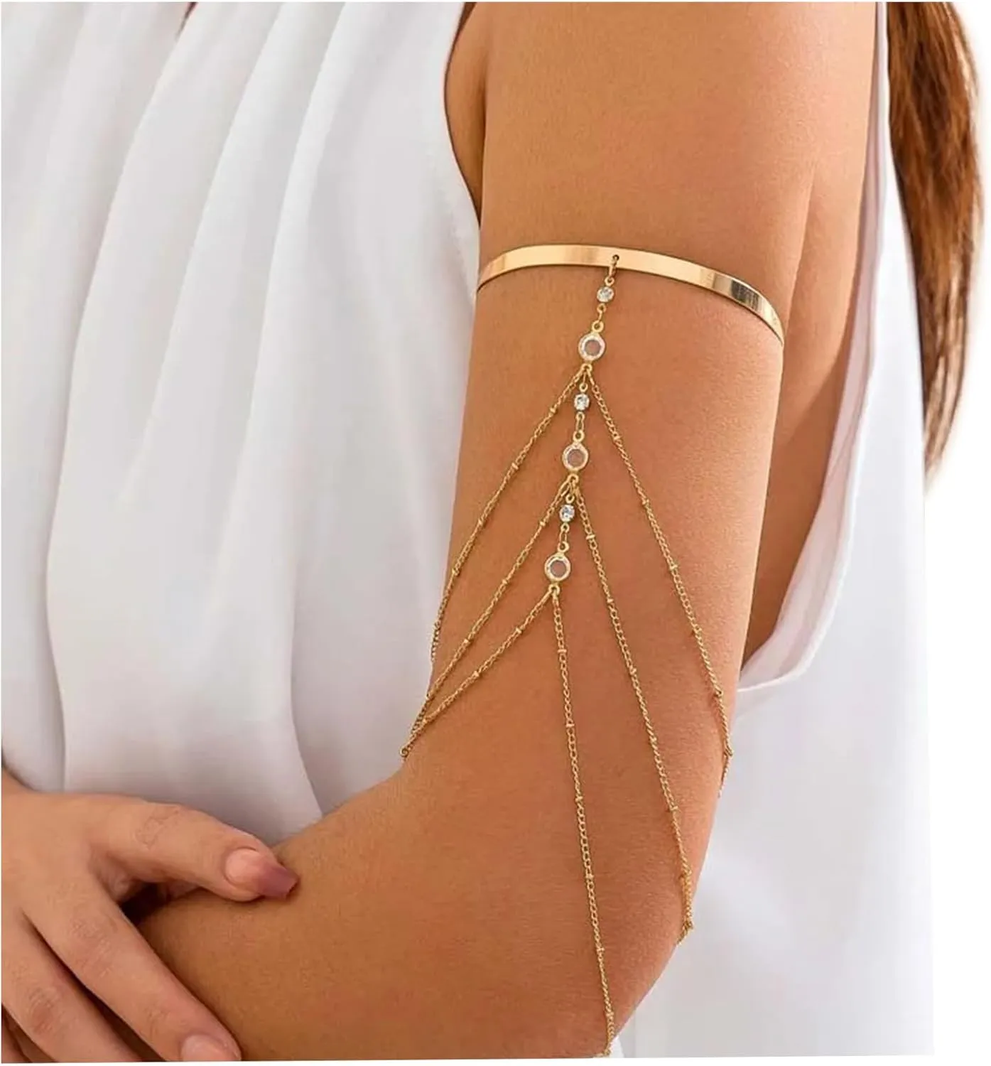 Simple Crystal Bead Tassel Upper Arm Chain Bracelet Multi-layered Bikini Armlet Rhinestone Adjustable Open Arm Cuff Bangle Bracelets Summer Beach Body Jewelry for Women