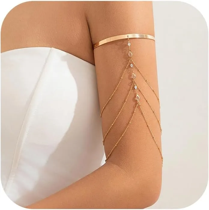 Simple Crystal Bead Tassel Upper Arm Chain Bracelet Multi-layered Bikini Armlet Rhinestone Adjustable Open Arm Cuff Bangle Bracelets Summer Beach Body Jewelry for Women