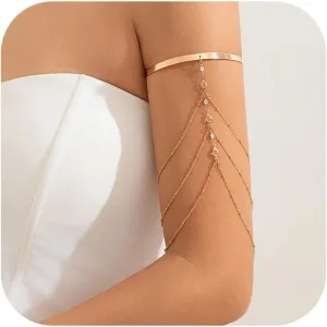 Simple Crystal Bead Tassel Upper Arm Chain Bracelet Multi-layered Bikini Armlet Rhinestone Adjustable Open Arm Cuff Bangle Bracelets Summer Beach Body Jewelry for Women
