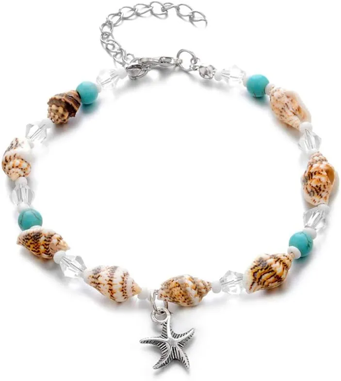 Softones Blue Starfish Turtle Anklet Multilayer Charm Beads Sea Handmade Boho Anklet Foot Jewelry for Women
