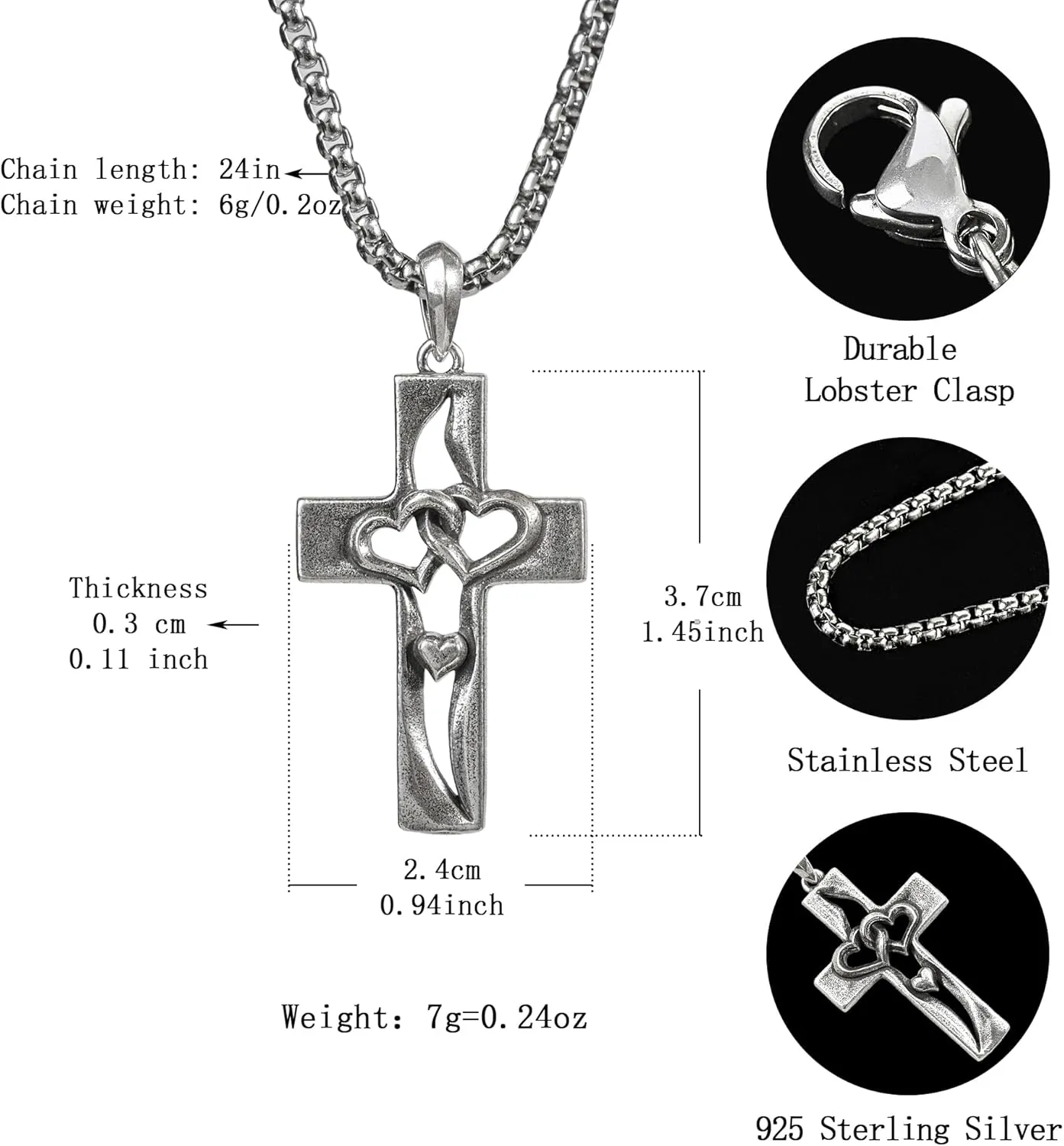 Sterling Silver Crucifix Pendant for Men, Catholic Jesus Cross Necklace for Women, 925 Sterling Silver Crucifix Necklace with Jesus Religious Gift for Easter Christmas