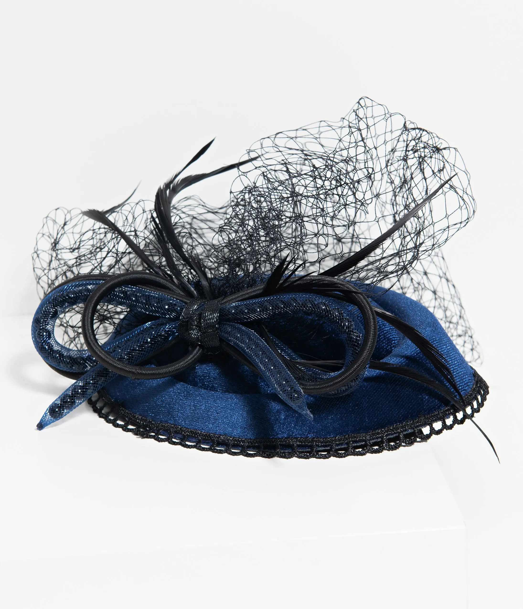Vintage Style Blue Velvet & Black Sinamay Fascinator