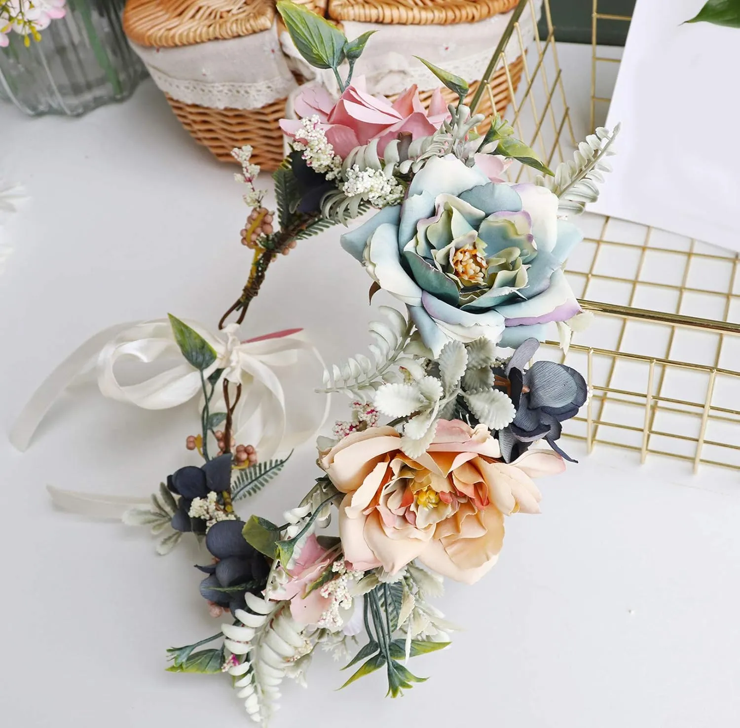 Vivivalue Floral Crown Women Flower Headband Floral Headpiece Halo Wedding Party Festival Photos