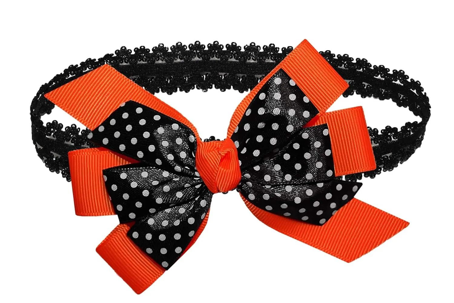 WD2U Baby Girls Black Dotted Grosgrain Boutique Hair Bow Stretch Headband (Autumn Orange)